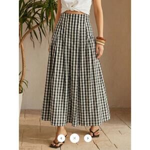 NWT commense Gingham High-Waisted Pleated Midi Skirt Sz S